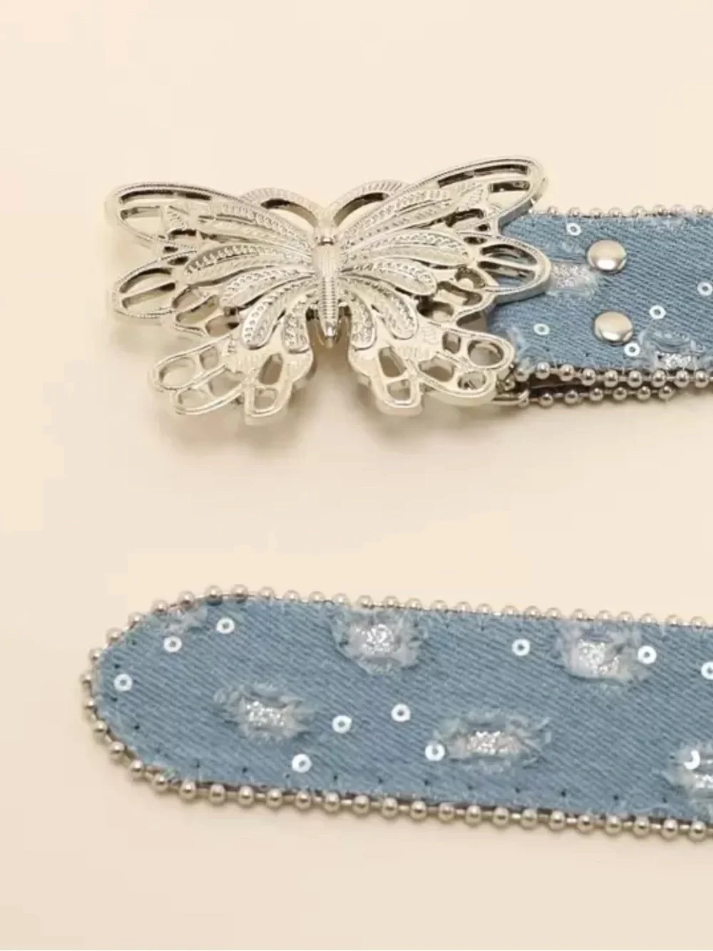 Vintage Y2K Butterfly Denim Belt | Rhinestone Studded | Silver Butterfly Buckle